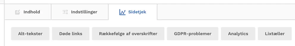 Billedet viser r&aelig;kken af funktioner som Sidetjekket omfatter.