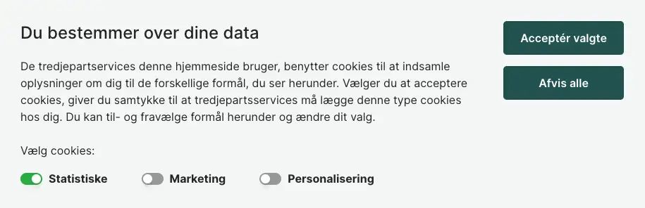 Visning af cookiebanner med flere form&aring;l